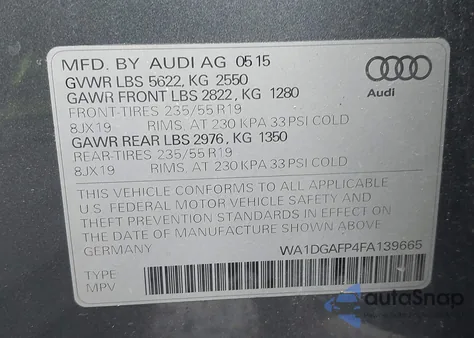 2015 Audi Q5 3.0T Premium Plus из США, поврежденный, VIN WA1DGAFP4FA139665